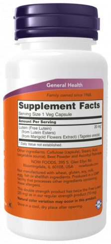 NOW Lutein Double Strength 20 mg, 90 капсул