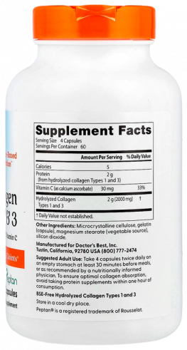 Doctor's Best Collagen Types 1 and 3, Коллаген 1 и 3 типа с Витамином C, 240 капсул